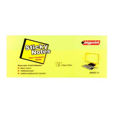 Bigpoint Yapışkanlı Not Kağıdı 3'lü 40x50mm Neon Sarı - 1