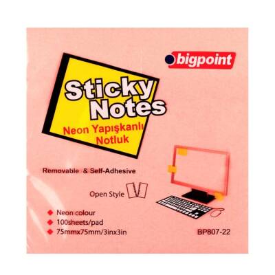 Bigpoint Yapışkanlı Not Kağıdı 75x75mm Neon Pembe - 1