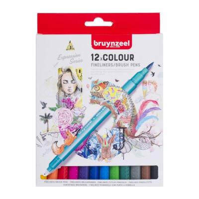 Bruynzeel Fineliner / Brush Pen Çift Taraflı Kalem Seti 12 Renk - 1