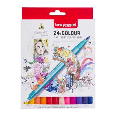 Bruynzeel Fineliner / Brush Pen Çift Taraflı Kalem Seti 24 Renk - 1