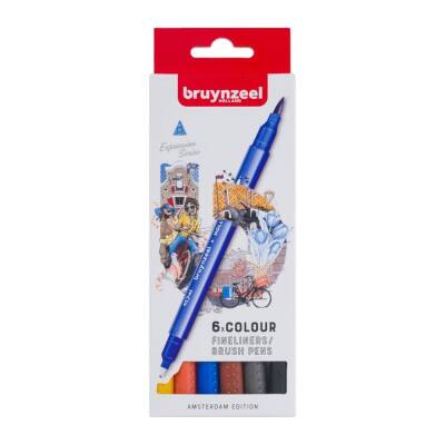 Bruynzeel Fineliner / Brush Pen Çift Taraflı Kalem Seti 6 Renk Amsterdam - 1