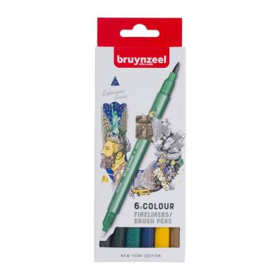 Bruynzeel Fineliner / Brush Pen Çift Taraflı Kalem Seti 6 Renk New York - 1