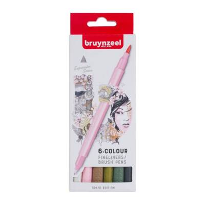 Bruynzeel Fineliner / Brush Pen Çift Taraflı Kalem Seti 6 Renk Tokyo - 1