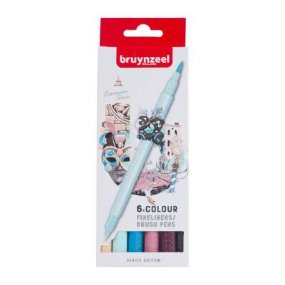 Bruynzeel Fineliner / Brush Pen Çift Taraflı Kalem Seti 6 Renk Venice - 1