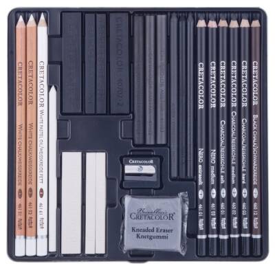 Cretacolor Black & White Box Drawing Set Profesyonel Çizim Seti 25 Parça Metal Kutu (400 26) - 1