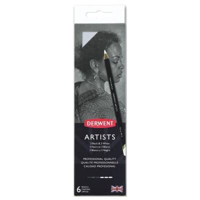 Derwent Artists Pencils Kuruboya Kalemi 6'lı Teneke Kutu (Siyah ve Beyaz Tonları) - 1