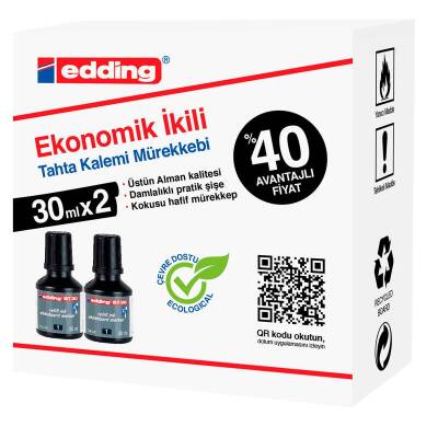 Edding BT30 Yazı Tahtası Kalemi Mürekkebi 30 ml. x 2'li Kutu SİYAH - 1