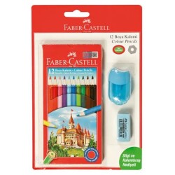 Faber Castell 12 Renk Kuru Boya + Kalemtraş + Silgi - 1