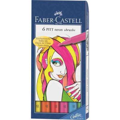 Faber Castell 6 Pitt Artist Pen Fırça Uçlu Çizim Kalemi Neon Fosforlu Renkler 567406 - 1