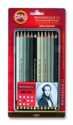 Koh-i Noor Mondeluz Aquarell Boya Kalemi 12 Renk GRİ TONLAR Metal Kutu - 1