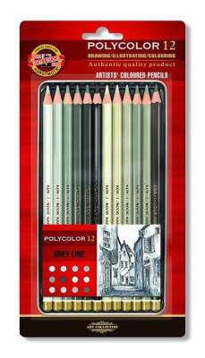 Koh-i Noor Polycolor Artist Kuru Boya Kalemi 12 Renk GRİ TONLAR Metal Kutu - 1