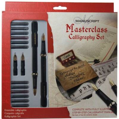 Manuscript Masterclass Calligraphy Set YAN KESİK (2 Kalem + 4 Uç + 12 Renkli Kartuş + Çalışma Bloğu) - 1