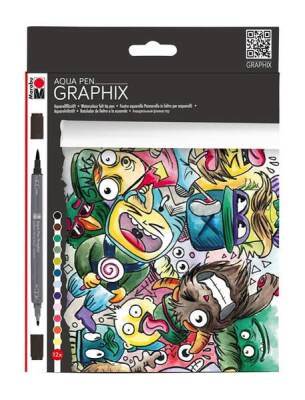 Marabu Graphix Aqua Pen Çift Uçlu Grafik Çizim Manga Kalemi 12 Renk Set - 1