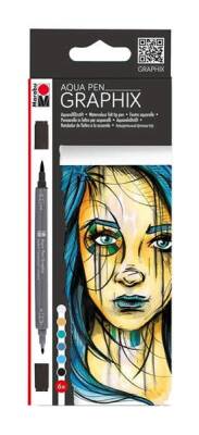 Marabu Graphix Aqua Pen Çift Uçlu Grafik Çizim Manga Kalemi 6 Renk Set Metropolitan - 1