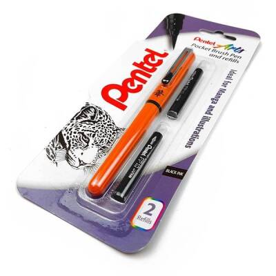 Pentel Pocket Brush Pen Cep Tipi Fırça Kalem + 2 Yedek Kartuş Turuncu Gövde - 1