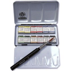 Schmincke Horadam Aquarell Taş Sulu Boya 1/2 Tablet 12 Renk + Da Vinci Fırça Compact Set - Schmincke