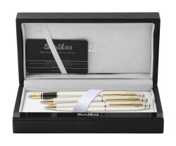 Scrikss Noble 35 Dolma Kalem, Tükenmez Kalem, Mekanik Kurşun Kalem Üçlü Set Beyaz-Altın - 1