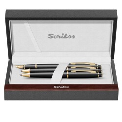 Scrikss Noble 35 Dolma Kalem, Tükenmez Kalem, Mekanik Kurşun Kalem Üçlü Set Mat Siyah - Altın - 1