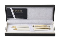 Scrikss Noble 35 Tükenmez Kalem ve Mekanik Kurşun Kalem İkili Set Beyaz-Altın - 1