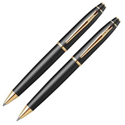 Scrikss Noble 35 Tükenmez Kalem ve Mekanik Kurşun Kalem İkili Set Mat Siyah - Altın - 1