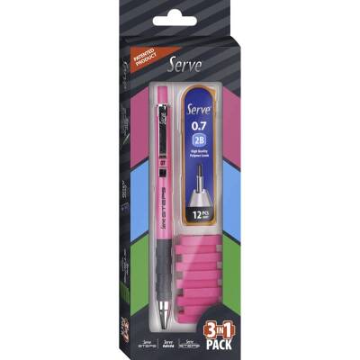 Serve Steps Versatil Kalem 0.7 mm + Min + Silgi 3'lü Set Fosforlu Pembe - 1