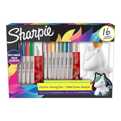 Sharpie Permanent Marker Kalem Fine Uç 16'lı Kumbara Hediyeli Tek Boynuz - 1