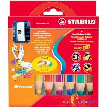 Stabilo Woody 3 in 1 Crayon (Kuru Boya + Pastel Boya + Sulu Boya) 6 Renk - 1