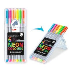 Staedtler Triplus Fineliner Kalem 0.3mm 6 NEON COLOURS FOSFORLU RENKLER PLASTİK KUTULU SET - 1