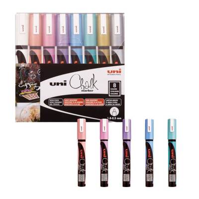 Uni Chalk 1.8-2.5 mm Yuvarlak Uç Su Bazlı Sıvı Tebeşir Kalemi 8'li Set Metalik Renkler - 1