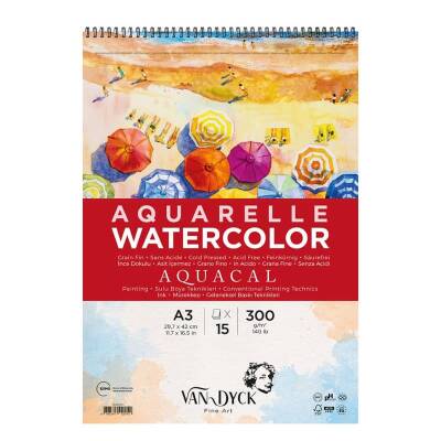 Van Dyck Aquacal Cold Press İnce Dokulu Sulu Boya Blok 300 gr 15 yp A3 Spiralli - 1