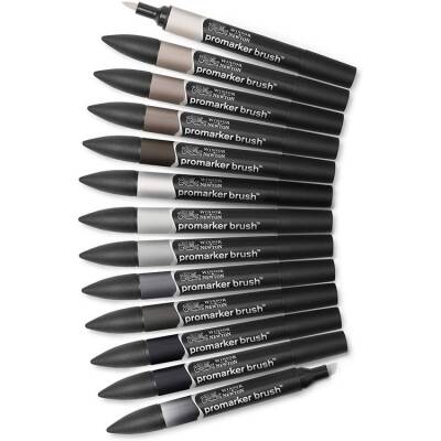 Winsor & Newton Promarker Brush 12+1 Neutral Tones Gri Tonlar Seti (12 Renk + Karıştırıcı) - 1