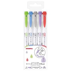 Zebra Mildliner Brush Fırça Uçlu İşaretleme Kalemi 5'li Set Canlı Renkler - 1
