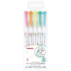Zebra Mildliner Brush Fırça Uçlu İşaretleme Kalemi 5'li Set Pastel Renkler - 1