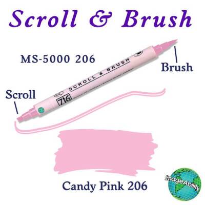 Zig Scroll & Brush Çift Çizgi ve Fırça Uçlu Kaligrafi ve Gölgeleme Kalemi 206 Candy Pink - 1